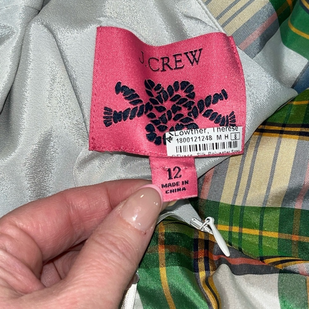 J Crew One Shoulder Sheath Dress Bow Faux Wrap Plaid Silk Blend Size 12 - Picture 6 of 7
